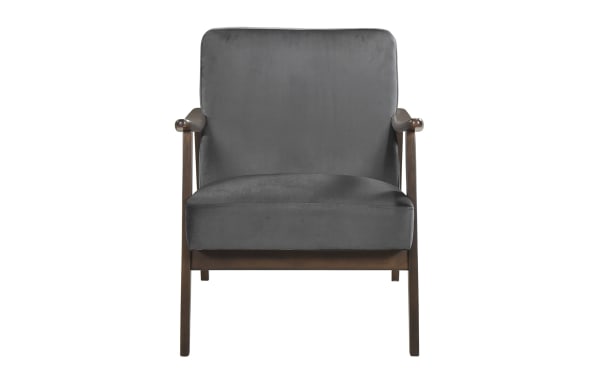 Rudy Gray Accent Chair with mid-century modern design, gray velvet upholstery, solid wood frame, and high-density foam cushions for comfort.