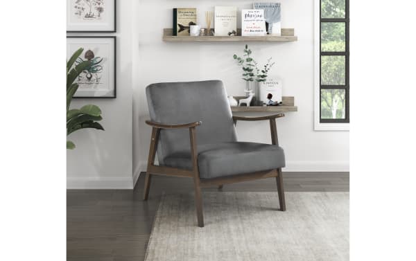 Rudy Gray Accent Chair with mid-century modern design, gray velvet upholstery, solid wood frame, and high-density foam cushions for comfort.