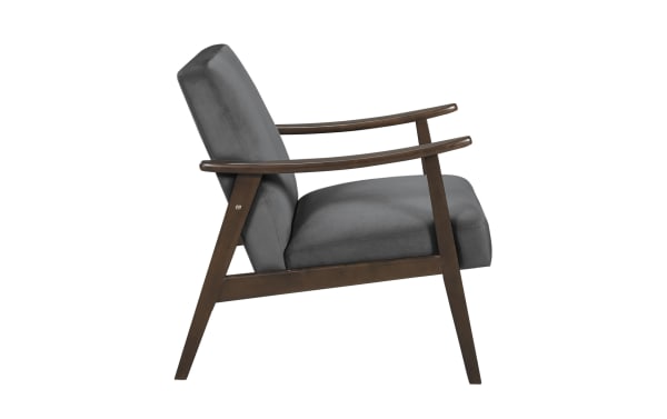 Rudy Gray Accent Chair with mid-century modern design, gray velvet upholstery, solid wood frame, and angled armrests for stylish comfort.