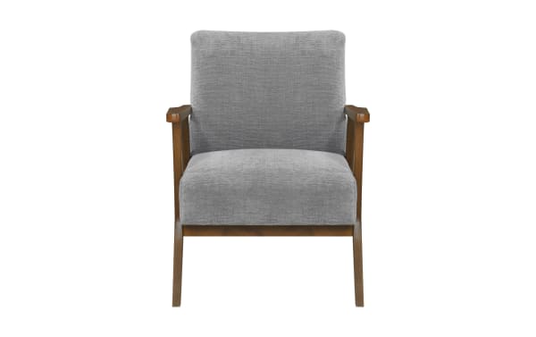 Hank Gray Accent Chair with mid-century modern design, gray chenille fabric upholstery, rubberwood frame, and chestnut finish wood arms and legs.