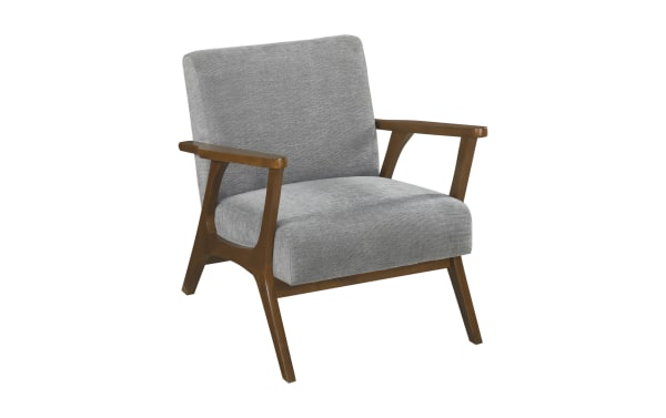 Hank Gray Accent Chair with mid-century modern design, gray chenille fabric upholstery, rubberwood frame, and chestnut finish wooden arms and legs.