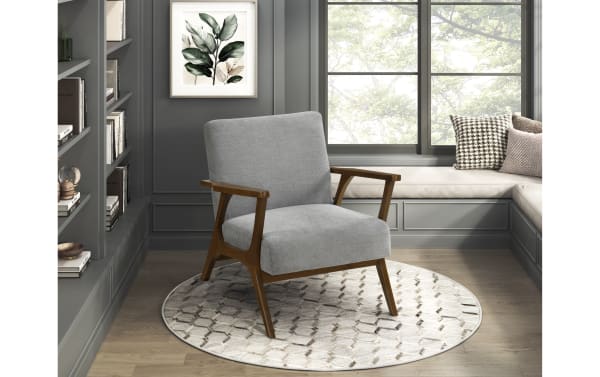 Hank Gray Accent Chair with mid-century modern design, gray chenille fabric upholstery, solid rubberwood frame, and chestnut finish wood arms.