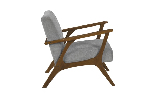 Mid-century modern Hank Gray Accent Chair with gray chenille fabric upholstery, chestnut rubberwood frame, and angled armrests for stylish comfort.