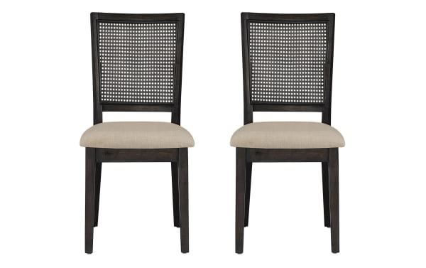 Set of 2 Brandi Beige & Black Panel Back Upholstered Dining Chairs with rattan back, beige fabric cushioned seats, rubberwood frame, transitional style.