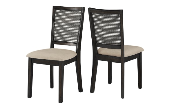 Set of 2 Brandi Beige & Black Panel Back Upholstered Dining Chairs with rattan back, foam cushioned beige fabric seats, and rubberwood frame in transitional style.
