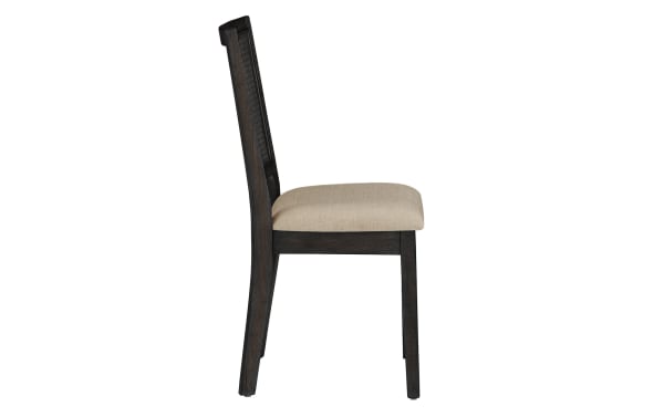 Transitional Brandi dining chair in beige fabric upholstery with black rubberwood frame, rattan panel back, and foam cushioned seat, set of 2.
