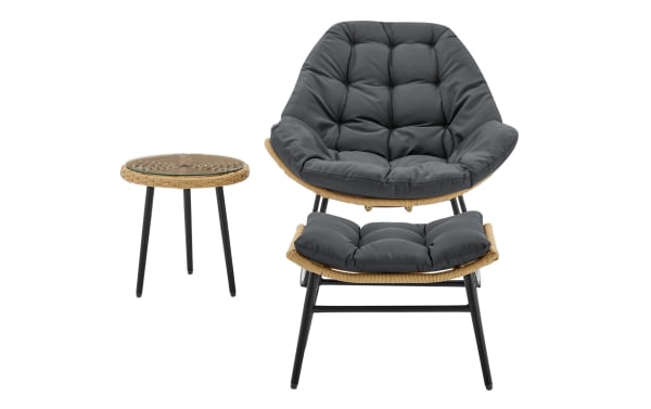 Milo 3 Piece Gray Wicker Outdoor Accent Chair & Table Set with plush gray polyester cushions, steel frame, PE rattan, and tempered glass top, transitional style