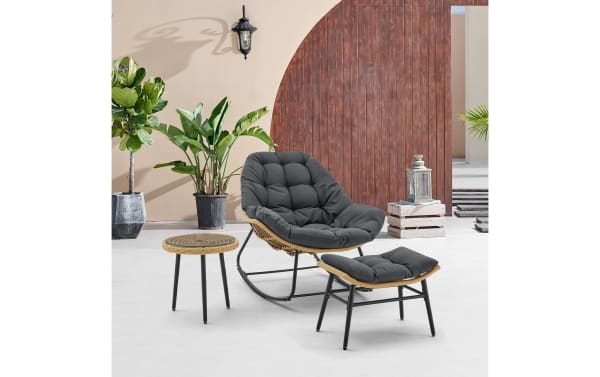 Milo 3 Piece Gray Wicker Outdoor Accent Chair & Table Set with plush gray polyester cushions, steel frame, PE rattan weave, and tempered glass top, featuring a transitional style perfect for durable, mold-resistant outdoor seating and relaxation.