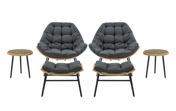 Milo 6 Piece Gray Wicker Outdoor Conversation Set with two gray polyester cushioned chairs, matching ottomans, black steel legs, and two round tempered glass wicker side tables.