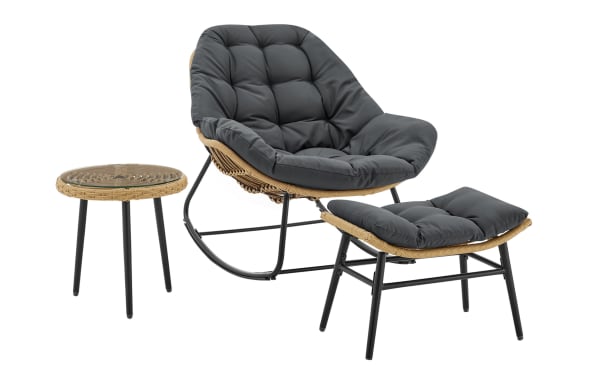 Milo 6 Piece Gray Wicker Outdoor Conversation Set with cushioned polyester fabric, steel frame, PE rattan, and tempered glass side table in transitional style