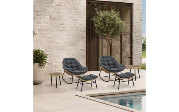 Milo 6 Piece Gray Wicker Outdoor Conversation Set with gray polyester cushions, steel frame, PE rattan, and tempered glass side tables in transitional style for durable patio seating.