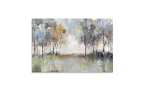 Quiet Morning Mist canvas wall art featuring a traditional multicolored misty forest scene in light gray and brown, printed on archival polyester fabric and hand-stretched over solid wood for durability and style.
