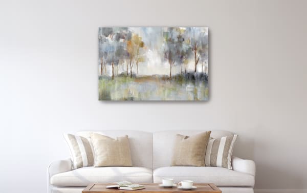 Quiet Morning Mist canvas wall art with traditional multicolored landscape in light gray and brown, printed on archival canvas and hand-stretched over solid wood frame.