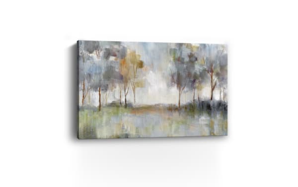 Quiet Morning Mist canvas wall art featuring a traditional multicolored landscape with light gray and brown tones, printed on thick polyester fabric canvas and hand-stretched over solid wood bars for durability and warp resistance.