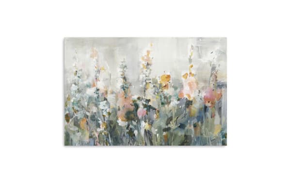 Blossoms Canvas Wall Art featuring multicolored traditional floral design in pink, orange, yellow, green, gray, and white. Printed on thick polyester fabric canvas, hand-stretched over solid wood bars for durability and warp resistance. Ideal spring-themed home decor for an at-home gallery.