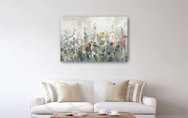 Blossoms Canvas Wall Art with pink, orange, yellow, green, gray, and white floral design on archival canvas, hand-stretched over solid wood frame, traditional style.