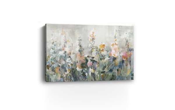 Blossoms Canvas Wall Art with pink, orange, yellow, green, gray, and white floral design. Traditional style printed on archival polyester fabric canvas, hand-stretched over solid wood frame for durability and warp resistance. Ideal spring-themed home decor.