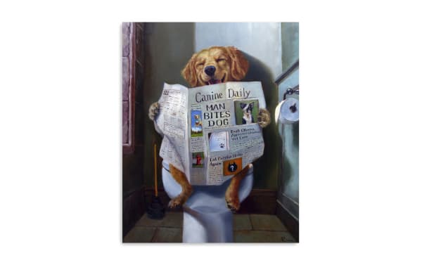 The Daily Bark Canvas Wall Art features a brown dog sitting on a white toilet reading a humorous "Canine Daily" newspaper. This transitional style wall art is printed on thick, archival-grade polyester canvas and hand-stretched over solid wood bars to prevent warping. The playful design and durable materials make it a unique, brown-toned decorative piece ideal for home galleries or pet-themed rooms.