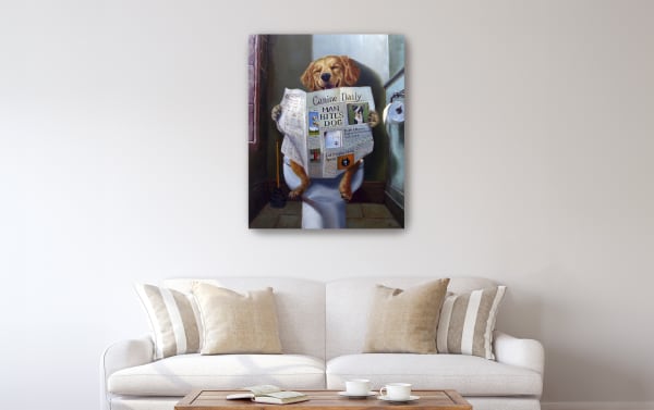 Transitional Daily Bark canvas wall art featuring a brown dog reading a newspaper on a white background, printed on thick archival canvas and hand-stretched over solid wood bars.