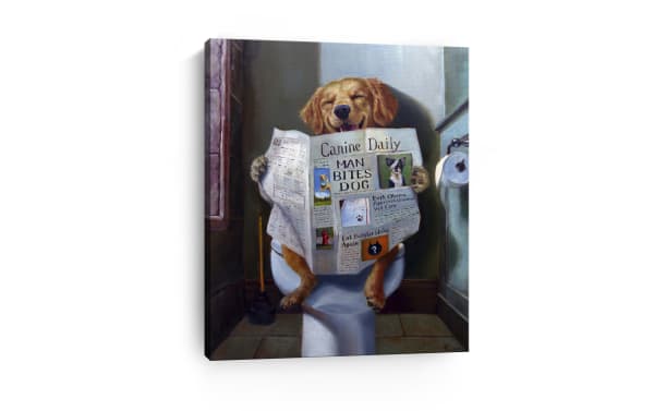 The Daily Bark Canvas Wall Art features a brown dog sitting on a white toilet reading a newspaper titled "Canine Daily." Printed on thick archival polyester canvas, hand-stretched over solid wood bars, this transitional style wall art adds humor and charm to any room.