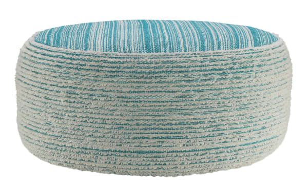 Dani Aqua Pouf in mid-century modern style with aqua and white woven polyester fabric, textured for use as footrest, seat, or side table.