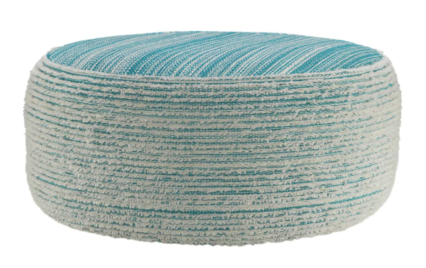 Round mid-century modern Dani Aqua Pouf in aqua and white woven polyester fabric, featuring textured horizontal stripes for use as footrest or extra seat.