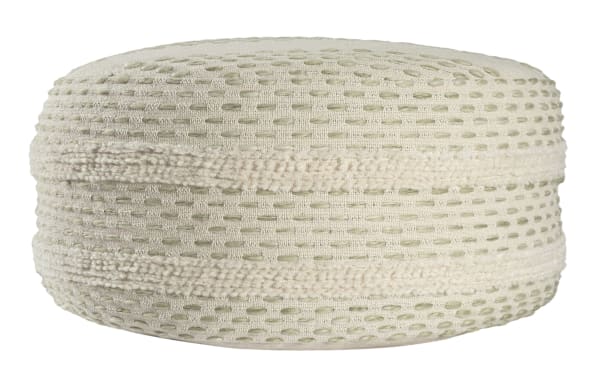Jeff Sage Pouf in light green and ivory farmhouse style, handcrafted cotton fabric with textured geometric overtufting, soft wool blend upholstery.