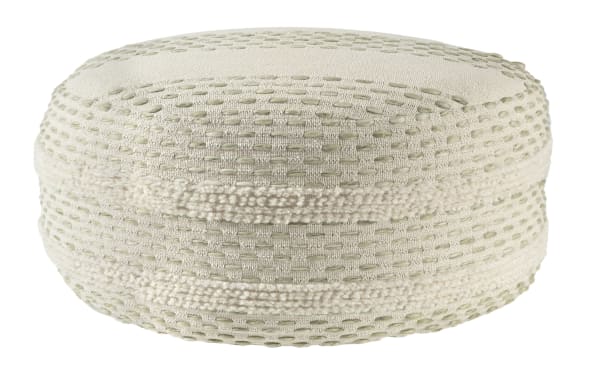 Jeff Sage Pouf in light green and ivory farmhouse style, handcrafted cotton and wool fabric with geometric overtufting, versatile accent ottoman.