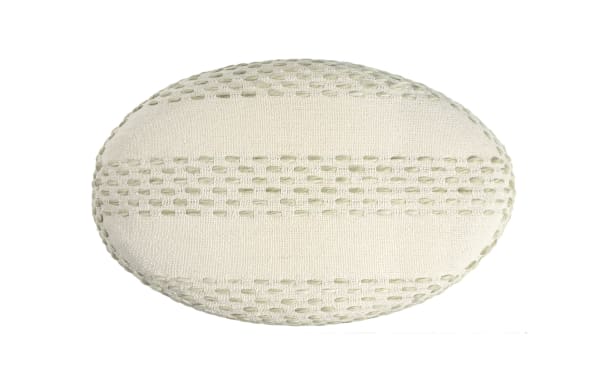 Light green and ivory Jeff Sage Pouf with geometric overtufting, handcrafted cotton farmhouse fabric accent for living spaces.
