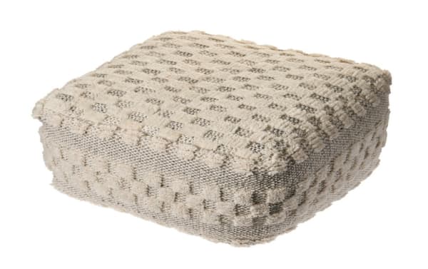 Bello Cream Pouf in cream wool with mid-century modern style, featuring a textured woven pattern and plush, durable upholstery for versatile accent seating.