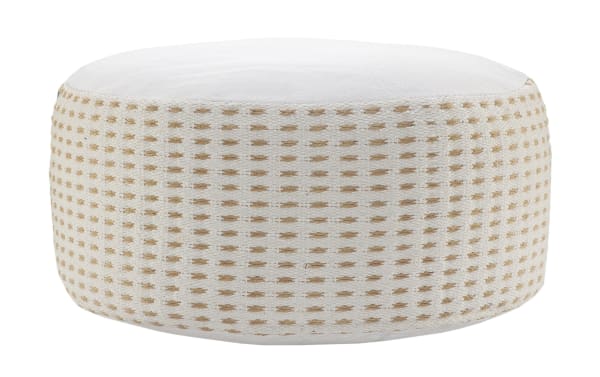 Zara White Pouf in transitional style with white and beige jute and cotton fabric, handcrafted for versatile seating or accent use.
