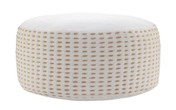 Zara White Pouf in transitional style featuring white and beige jute and cotton fabric, handcrafted for versatile seating or accent use.
