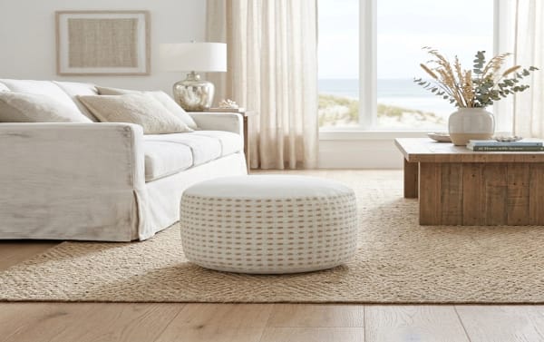 Zara White Pouf in transitional style with white and beige cotton blend fabric, handcrafted jute texture, ideal as a durable accent seat or table.