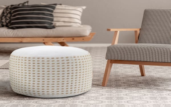 Zara White Pouf in transitional style, handcrafted with white and beige cotton-jute fabric, serves as a durable accent seat or end table.