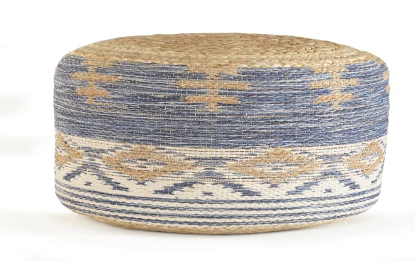Sadie Natural and Navy Pouf in bohemian style, handcrafted from jute and 100% cotton fabric with navy, natural, and gray woven patterns.