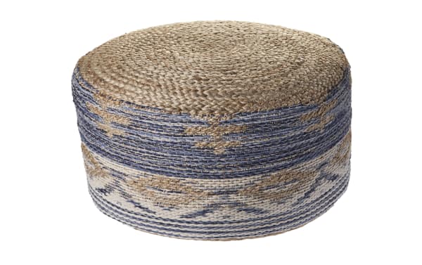 Sadie Natural and Navy Pouf in bohemian style, handcrafted from jute and cotton with navy, natural, and gray woven fabric, ideal as footrest or extra seat.