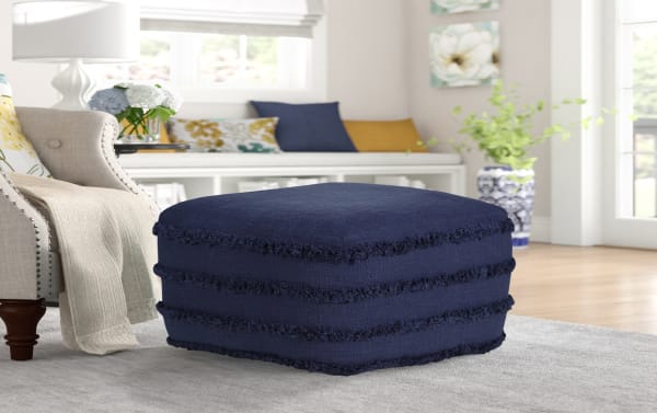 Thea Navy Pouf in navy blue cotton fabric with textured horizontal stripes, a contemporary square ottoman perfect for living rooms or bedrooms.