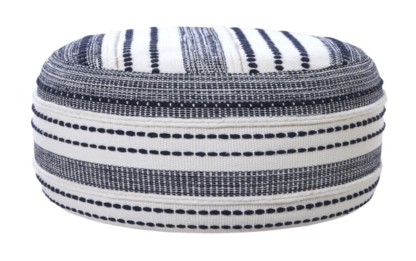 Lani Navy Pouf in farmhouse style, handcrafted 100% cotton fabric with navy and white textured stripes, ideal as a seat or footrest.