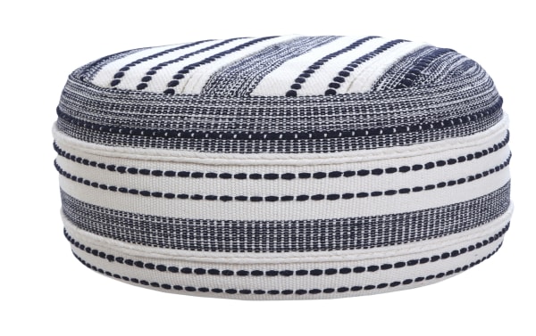 Lani Navy Pouf in farmhouse style with navy and white striped cotton fabric upholstery, handcrafted for use as a seat or footrest.