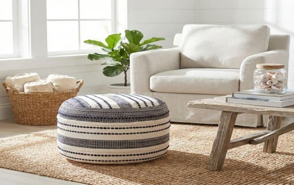 Lani Navy Pouf in farmhouse style, handcrafted 100% cotton fabric with navy and white stripes, perfect as a seat or footrest.