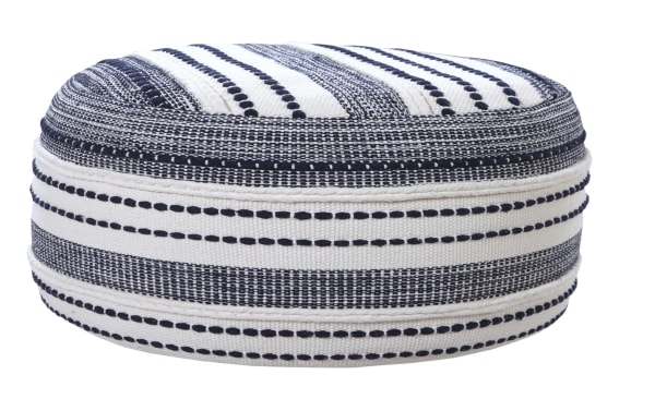 Lani Navy Pouf in farmhouse style with navy and white striped cotton fabric, handcrafted for use as a seat or footrest.