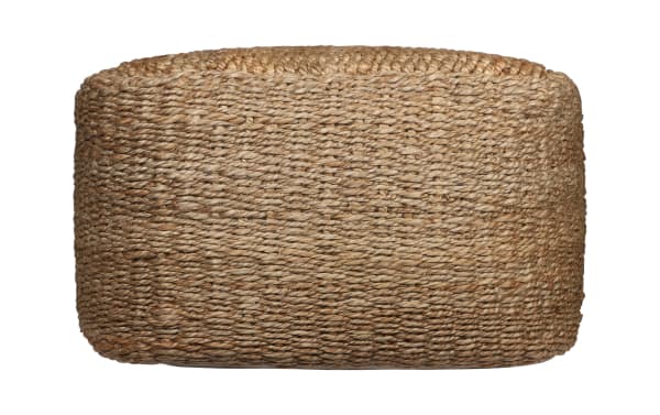 Round Esme Brown Pouf in farmhouse style, handcrafted from natural jute fibers, serving as a versatile brown accent seat or footrest.