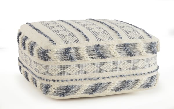 Transitional Koda Navy Pouf in navy and ivory, handcrafted wool and cotton blend with textured geometric patterns, ideal as footrest or extra seat.
