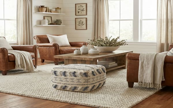 Transitional Koda Navy Pouf in navy and ivory wool and cotton blend, featuring geometric patterns, ideal as a cozy footrest or extra seat.