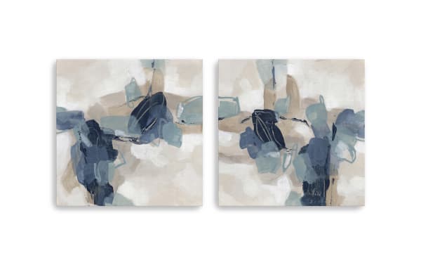 Abstract modern wall art set featuring blue, beige, and white brushstrokes on canvas, ideal for contemporary home decor.