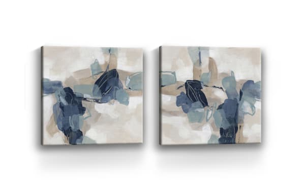 Abstract blue and beige canvas wall art set featuring soft brush strokes and layered shapes, ideal for modern home decor and living spaces.