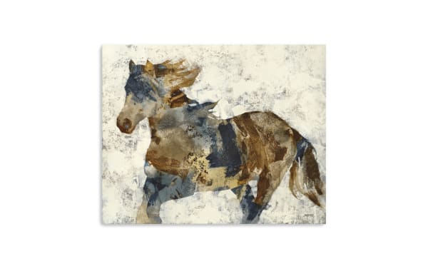 Abstract painting of a running horse in earthy tones of brown, blue, and beige on a textured light background, suitable for rustic decor.