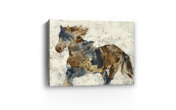 Abstract watercolor painting of a running horse in brown, blue, and beige tones on a textured canvas background, suitable for rustic decor.