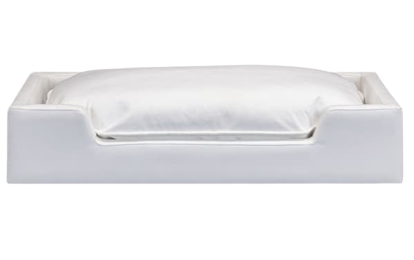 Cuddle Cloud Pearl pet bed in white performance fabric with pine solids frame, featuring transitional style and plush cushioning for pet comfort.