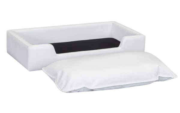 Cuddle Cloud Pearl Pet Bed in white performance fabric with pine solids frame, featuring clean transitional style and cozy cushioning for pets.